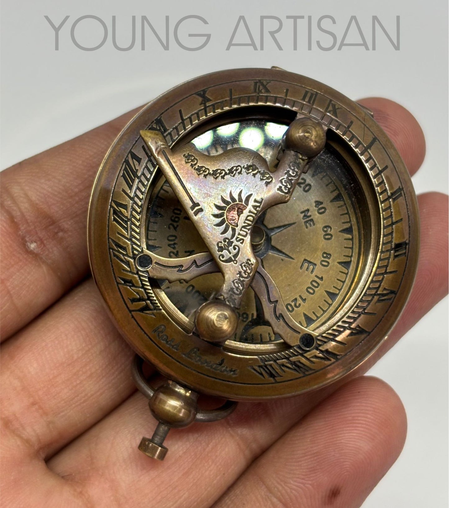 2" Antique Polished Brass Sundial Compass
