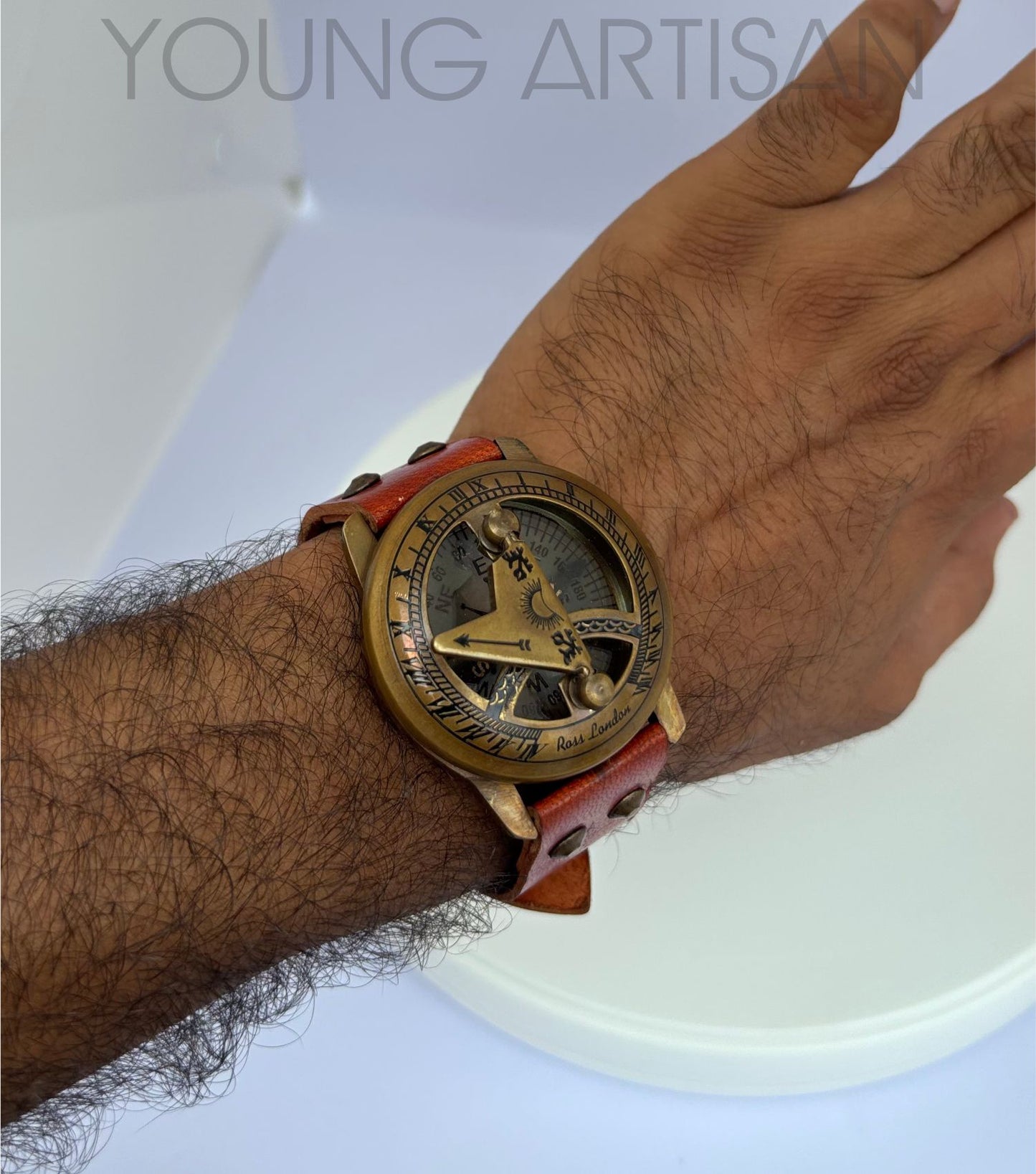 Brass Sundial Compass Watch | 2" Handmade Wrist Compass with Leather Strap