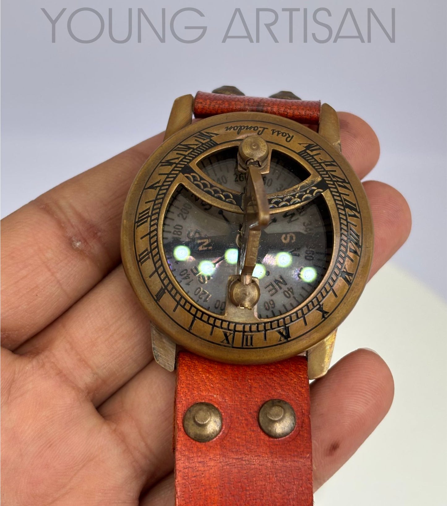 Brass Sundial Compass Watch | 2" Handmade Wrist Compass with Leather Strap