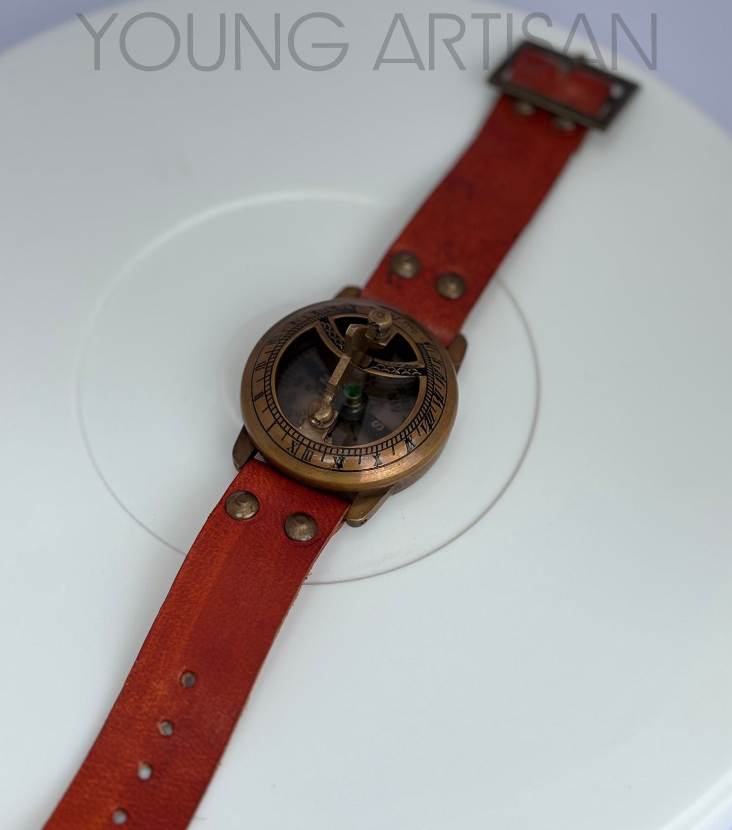 Brass Sundial Compass Watch | 2" Handmade Wrist Compass with Leather Strap