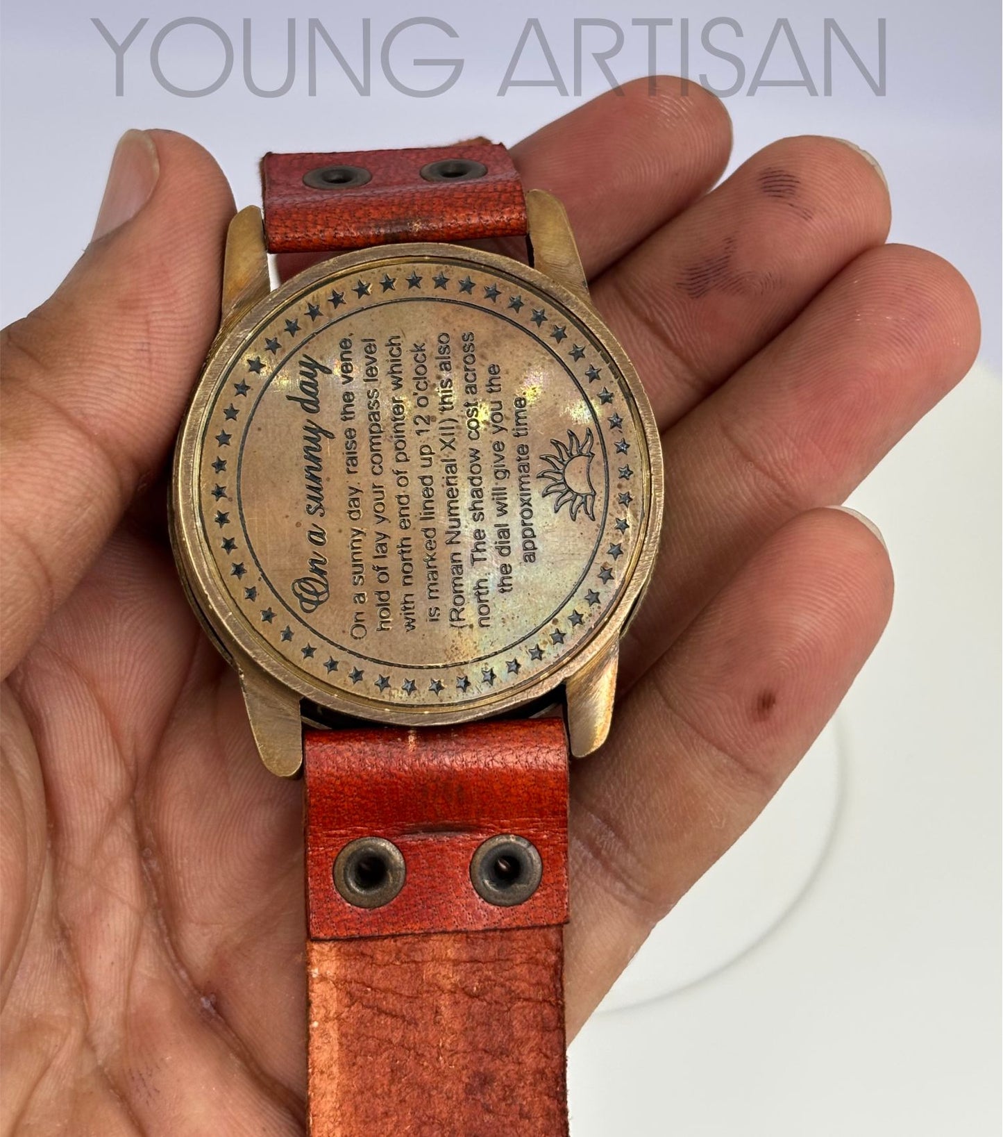 Brass Sundial Compass Watch | 2" Handmade Wrist Compass with Leather Strap