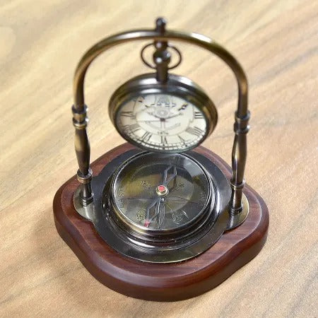Antique Brass Desk Watch and Compass