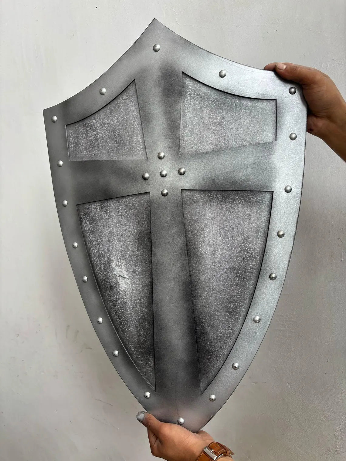 Medieval Handmade Wooden Templar Shield – Heater Silver Cross Shield 24"