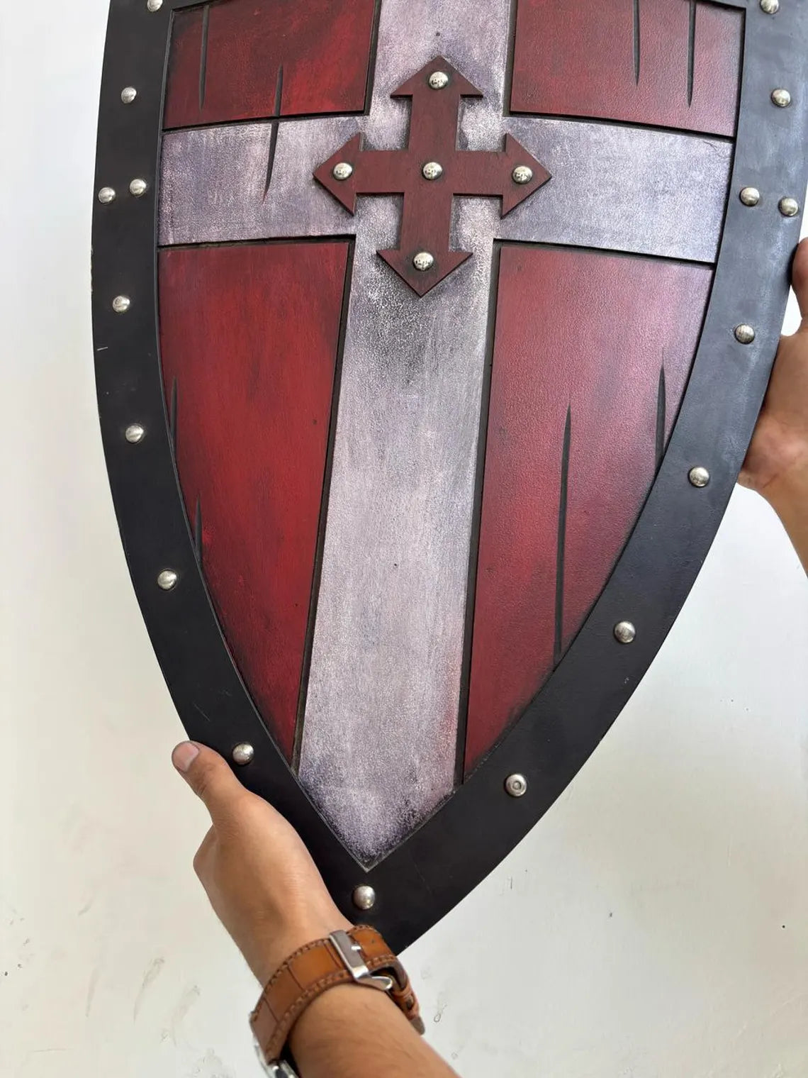 Medieval Handmade Wooden Templar Shield – Heater Cross Shield 24"
