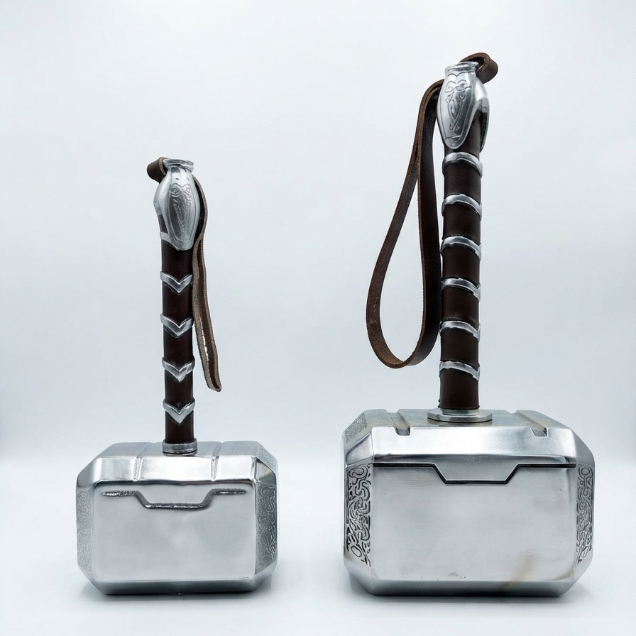 Two miniature Thor's hammer (Mjolnir) toy or model props, one small and one large, displayed on a seamless light gray background. Each hammer features a polished silver-colored metallic head, a dark brown wrapped handle, and a matching brown leather wrist strap.