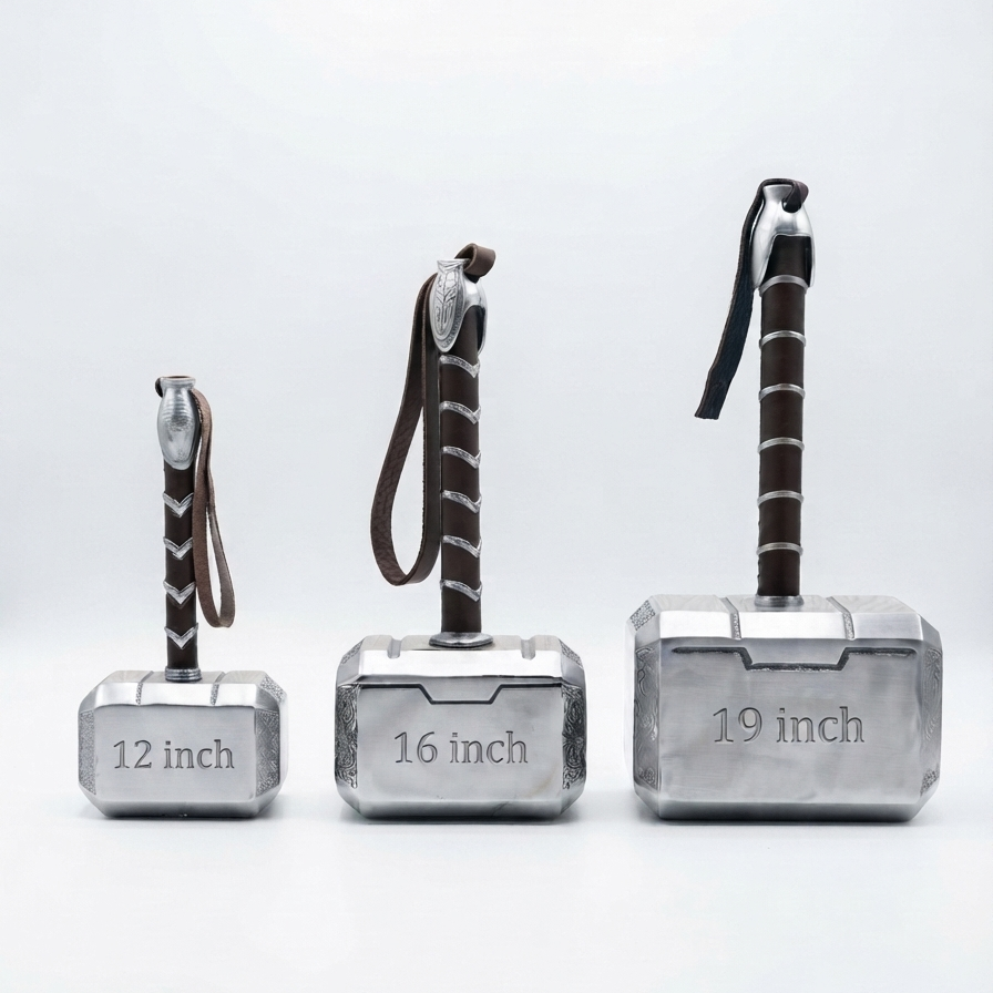 Three miniature replica-style hammer-shaped items in 12, 16, and 19 inches, arranged from smallest to largest on a clean white studio background. Each has a metallic silver head and a dark brown wrapped handle with a loop.