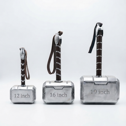 Three miniature replica-style hammer-shaped items in 12, 16, and 19 inches, arranged from smallest to largest on a clean white studio background. Each has a metallic silver head and a dark brown wrapped handle with a loop.