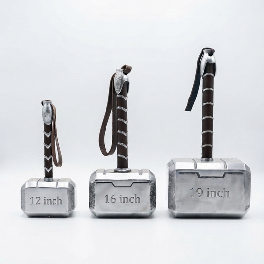 Three miniature replica-style hammer-shaped items in 12, 16, and 19 inches, arranged from smallest to largest on a clean white studio background. Each has a metallic silver head and a dark brown wrapped handle with a loop.