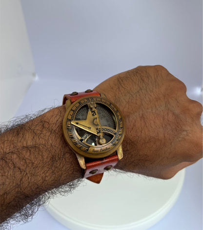 Brass Sundial Compass Watch | 2" Handmade Wrist Compass with Leather Strap