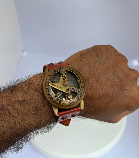 Brass Sundial Compass Watch | 2" Handmade Wrist Compass with Leather Strap