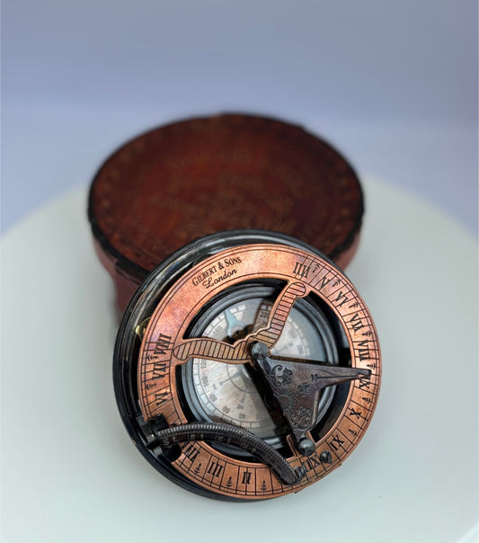 4" Antique Brass Sundial Compass with Leather Box
