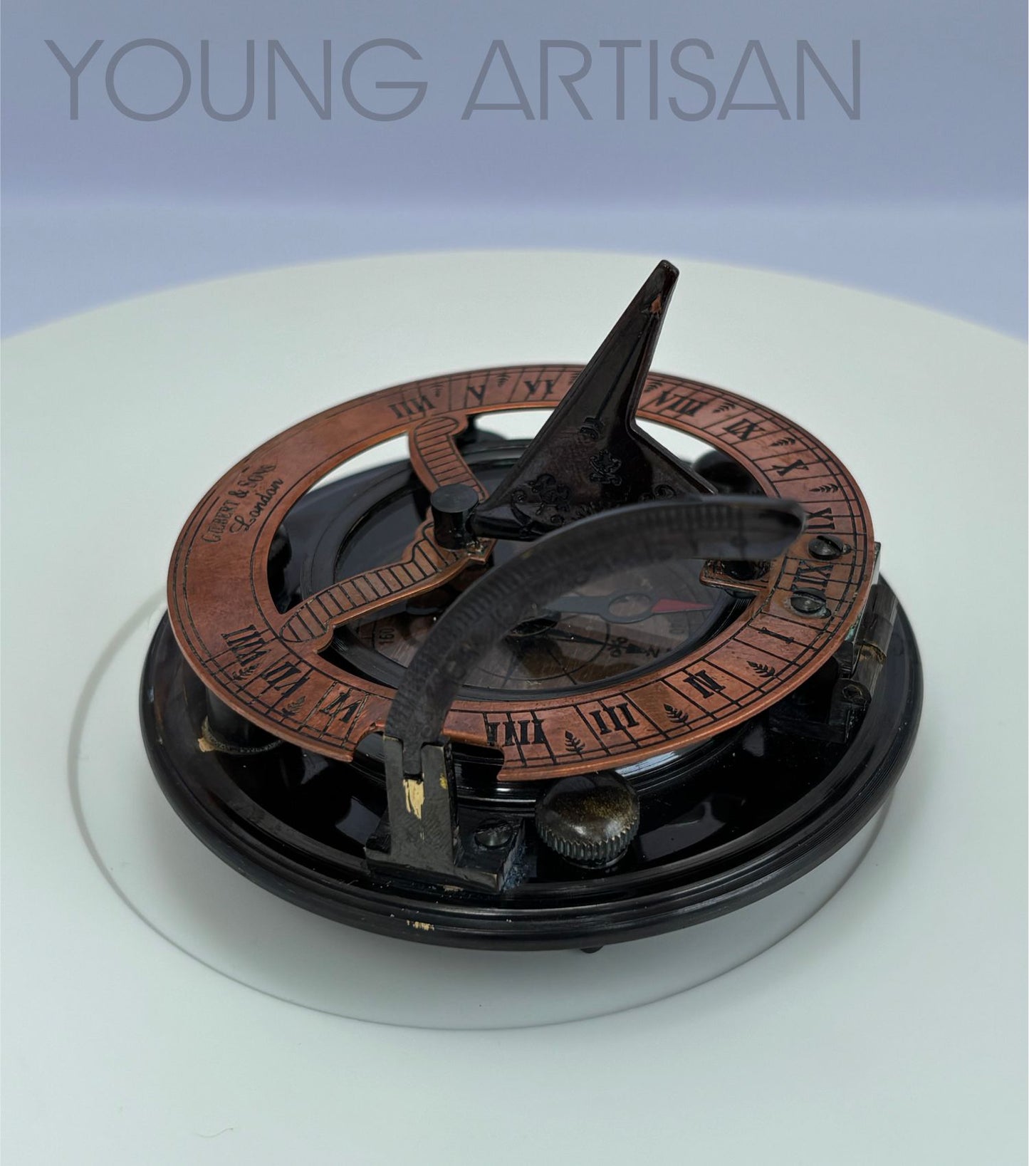 4" Antique Brass Sundial Compass with Leather Box