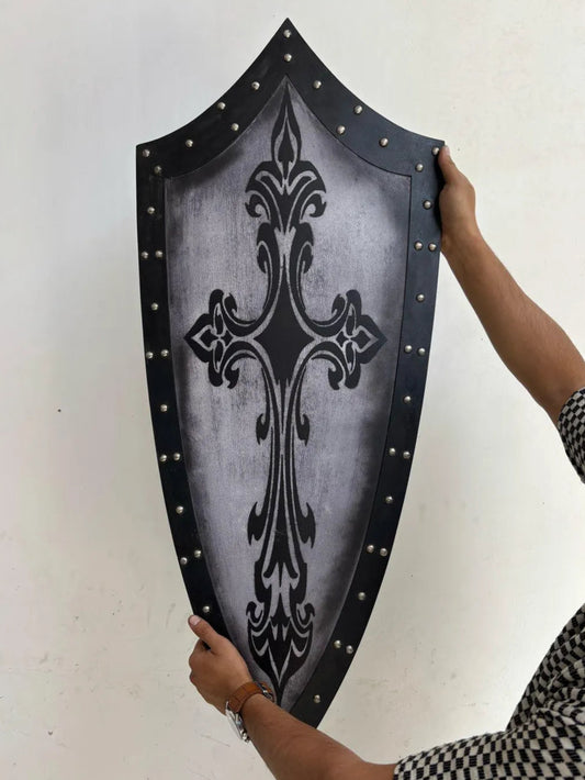 Medieval Handmade Wooden Templar Shield – Heater Black Cross Shield 28"