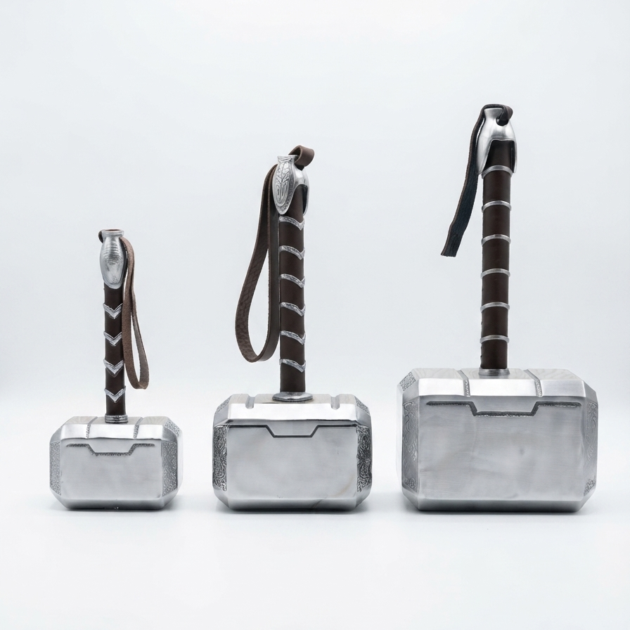 Three Thor's Hammer (Mjolnfr) prop toys in different sizes, arranged from smallest to largest on a seamless white studio background. 