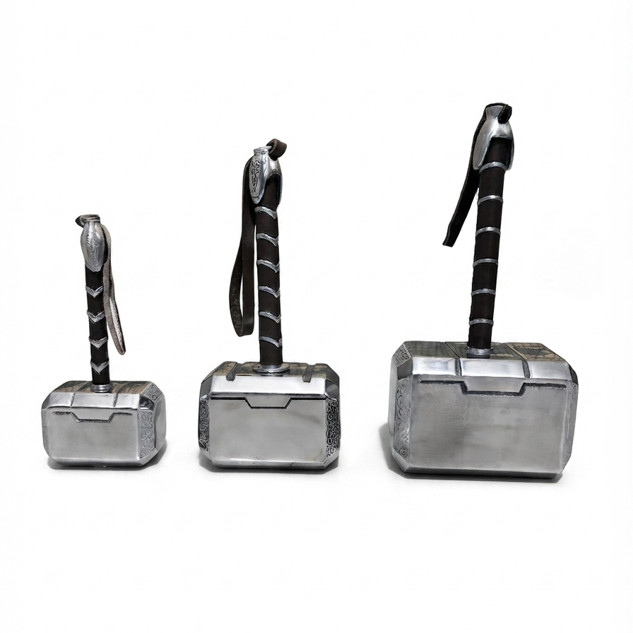Three metallic hammer-shaped accessories arranged by size on a plain white background, each with a black handle and silver head.