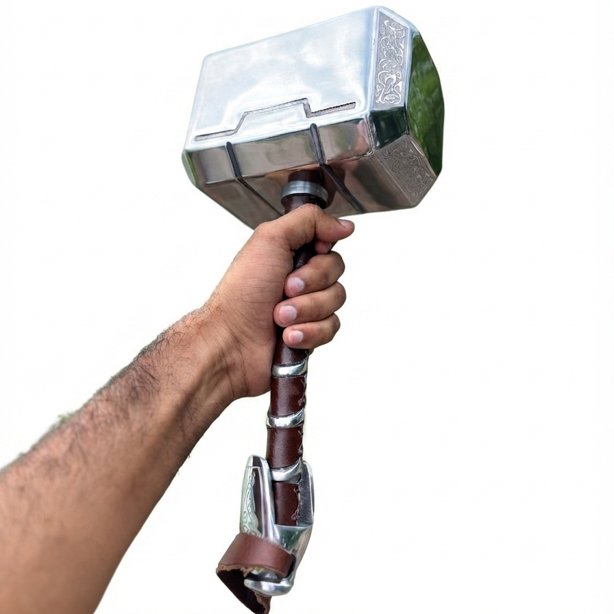 A hand holding a Thor's Hammer prop, featuring a metallic silver head with engraved details and a brown handle with silver accents, isolated on a white background.